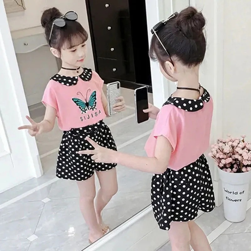 Girls' Sports Suit Summer New Children's Suit Girl's Western Style Wave Point Beach Two-Piece Shorts Sportswear