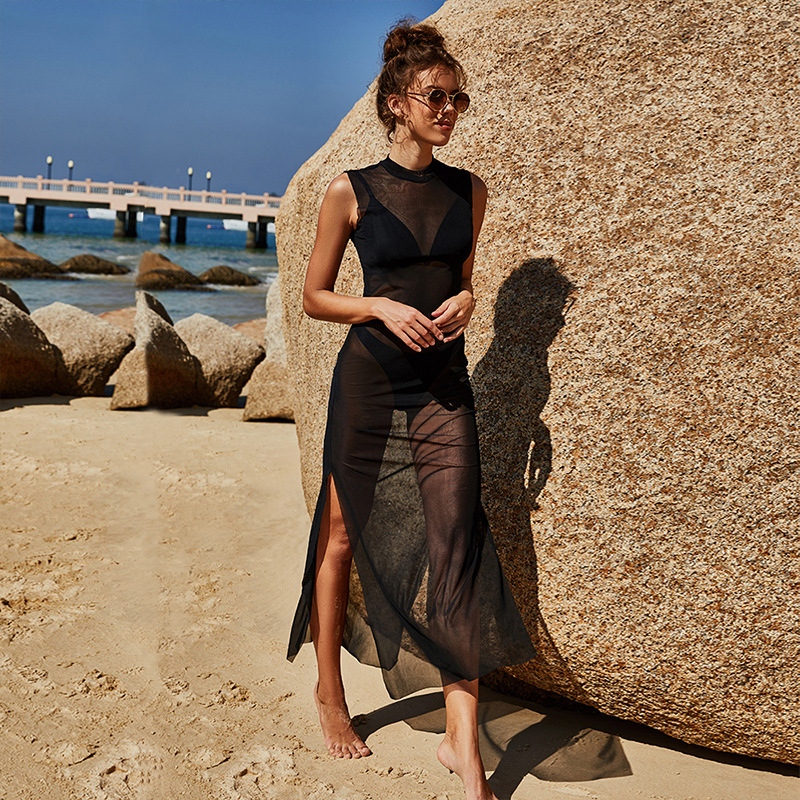 Summer Solid Color Long Women's Sexy Sleeveless V-neck Beach Blouse See-through Split Bikini Swimsuit Blouse