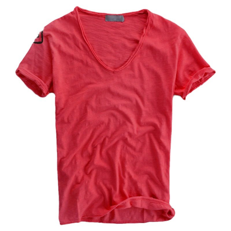 Summer Bamboo CoTTon Men's ShorT-sleeVed T-shirT  Simple Pure Color T-shirT V Neck Slim Raw Edge Old Thin T