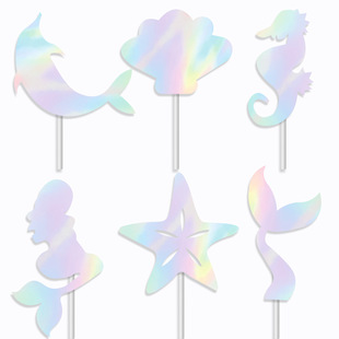 Birthday Party Sign Laser Mermaid Theme Cake Insert Party Paper Cake Decoration Flag
