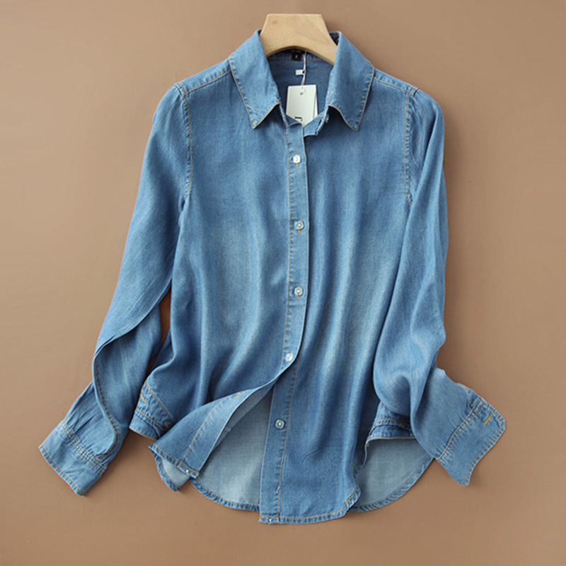 Tencel denim shirt women's sand wash design sense 2024 spring new retro French shirt long sleeve women's wholesale