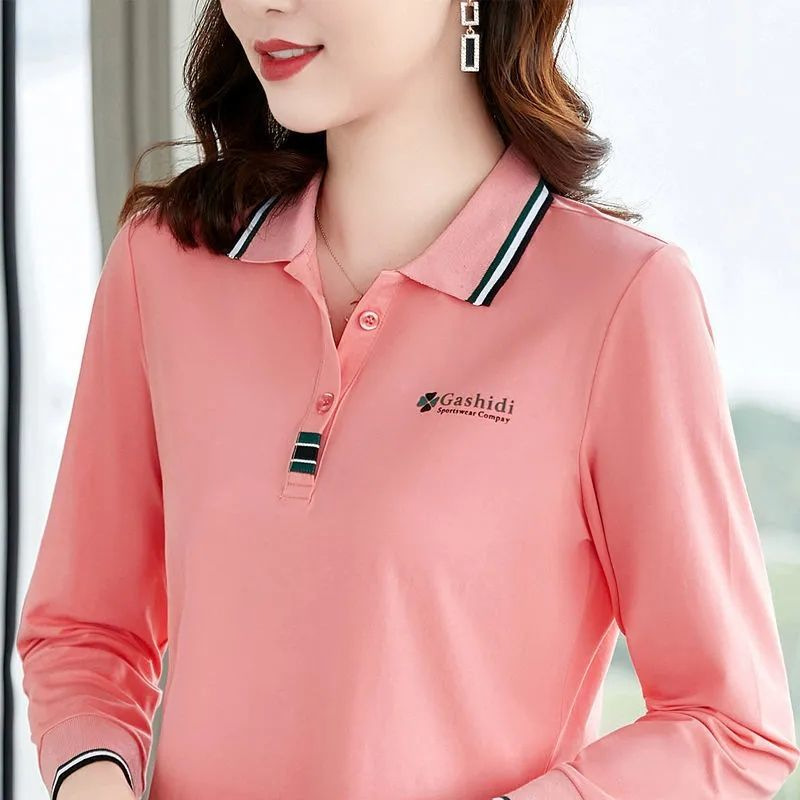 New long-sleeved T-shirt women's lapel polo shirt autumn plus size loose middle-aged mom casual collar top women's fashion