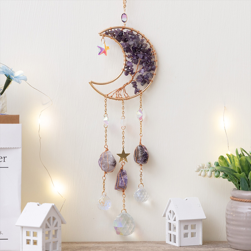 Amazon Natural Amethyst Gravel Moon Sun Catcher Wind Bell Lighting Pendant Home Decoration Gift Wholesale