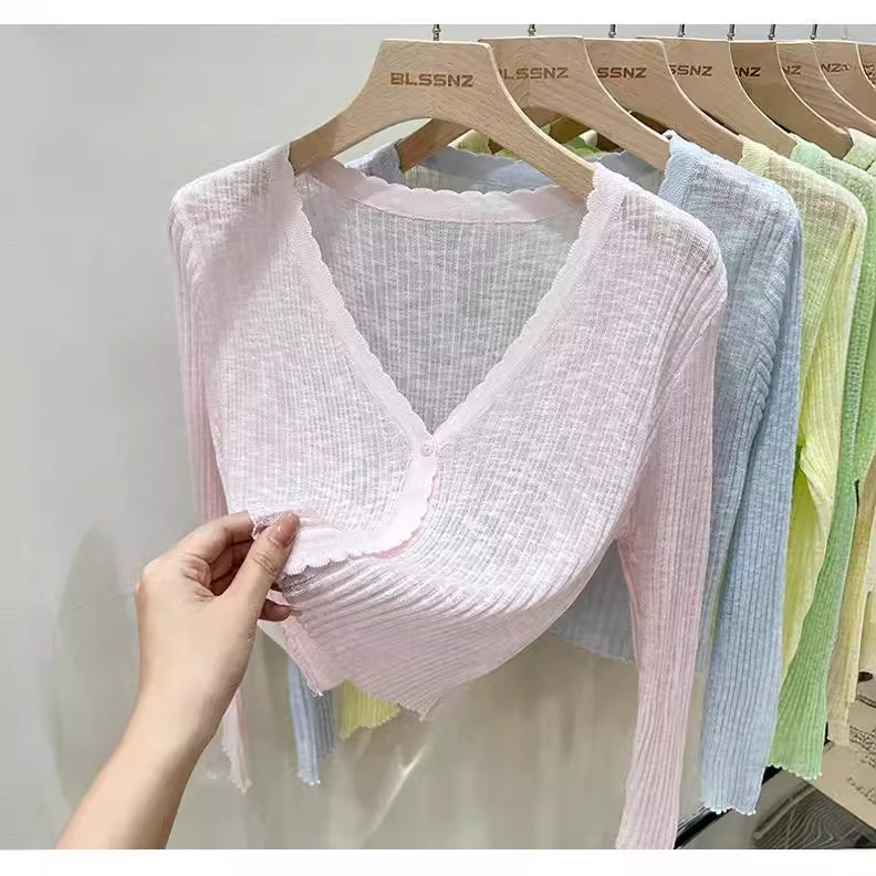 Ice silk cardigan long sleeve summer black thin sweater outer wear short air conditioning shirt sun protection clothing shawl top for women