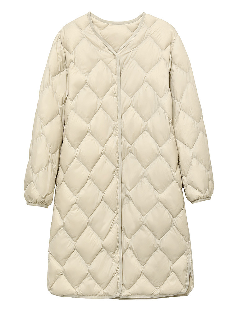 Cross-border lightweight down jacket Women's Mid-length autumn and winter New V-neck long Korean style coat collarless liner trendy off-season