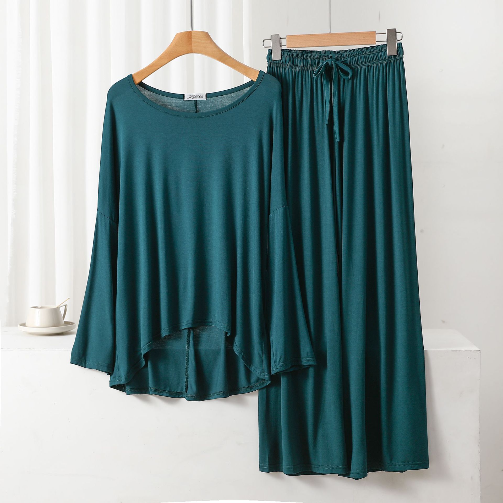 Modal thin batwing sleeve suit women's summer plus size long sleeve trousers simple loose homewear pullover