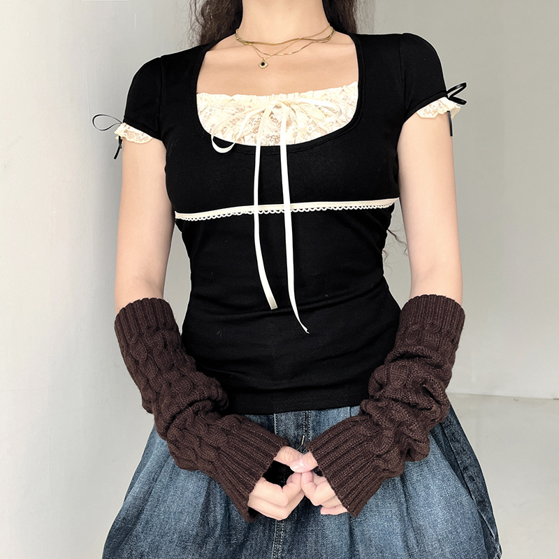 ins Amazon Women's Dress Contrast Lace Stitching Fake Two-piece Lace-up Top Sexy Low-cut Short-sleeved Pullover T-shirt