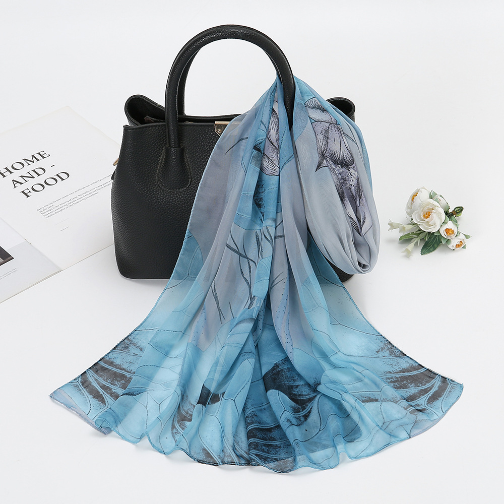 24 New Lotus Pond Moonlight Printed Silk Scarf Thin Chiffon Sunscreen Scarf Travel Shawl Beach Towel Women XQ373
