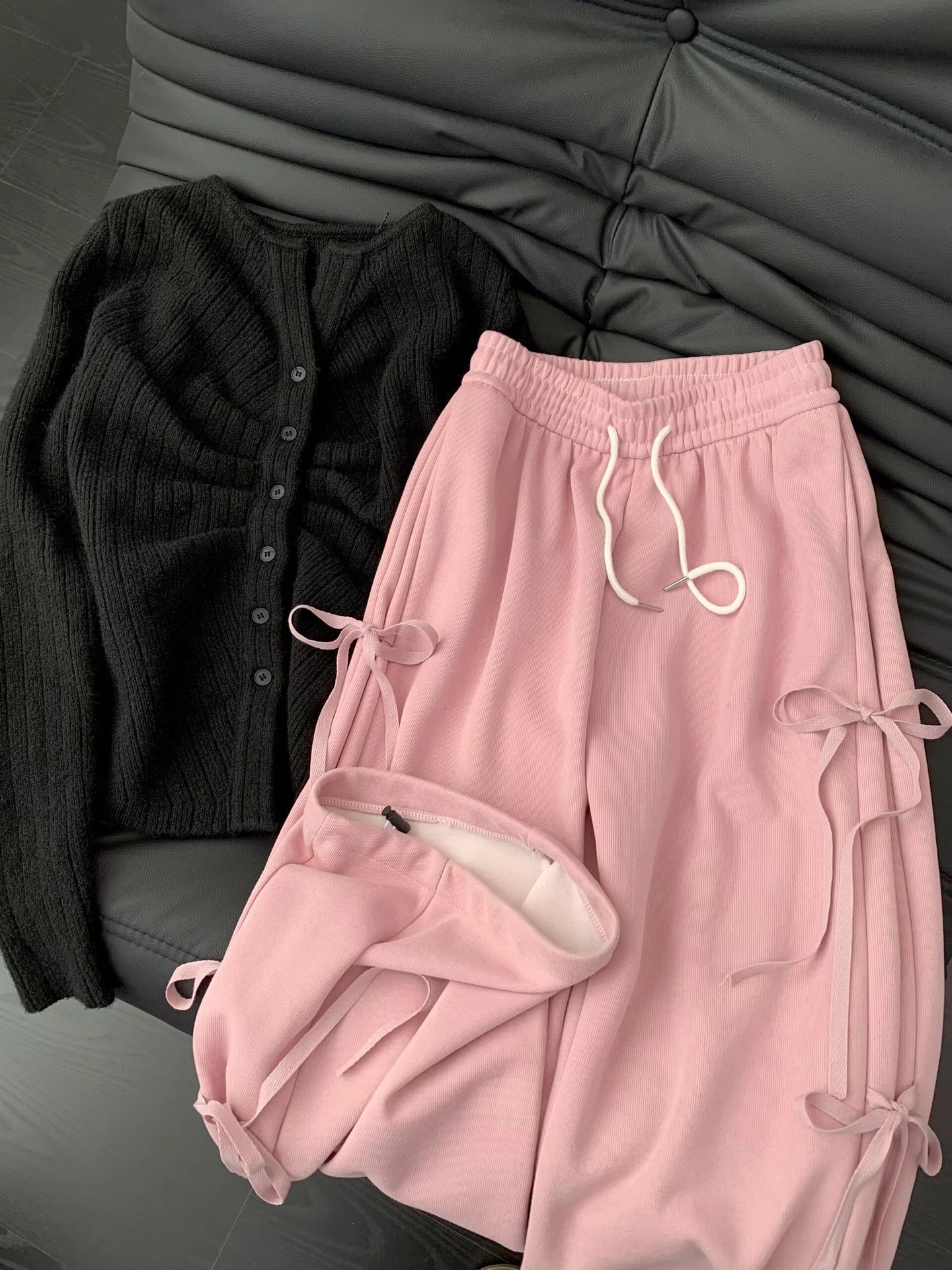 New Korean style retro bow lace-up straight sweatpants women's early spring niche design loose casual wide-leg pants