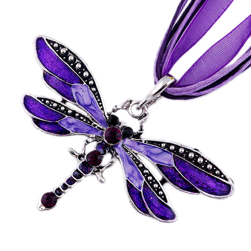 Dragonfly Retro Ribbon String Purple Diamond Necklace European and American Children's Girls' Foreign Trade Jewelry AliExpress Supply