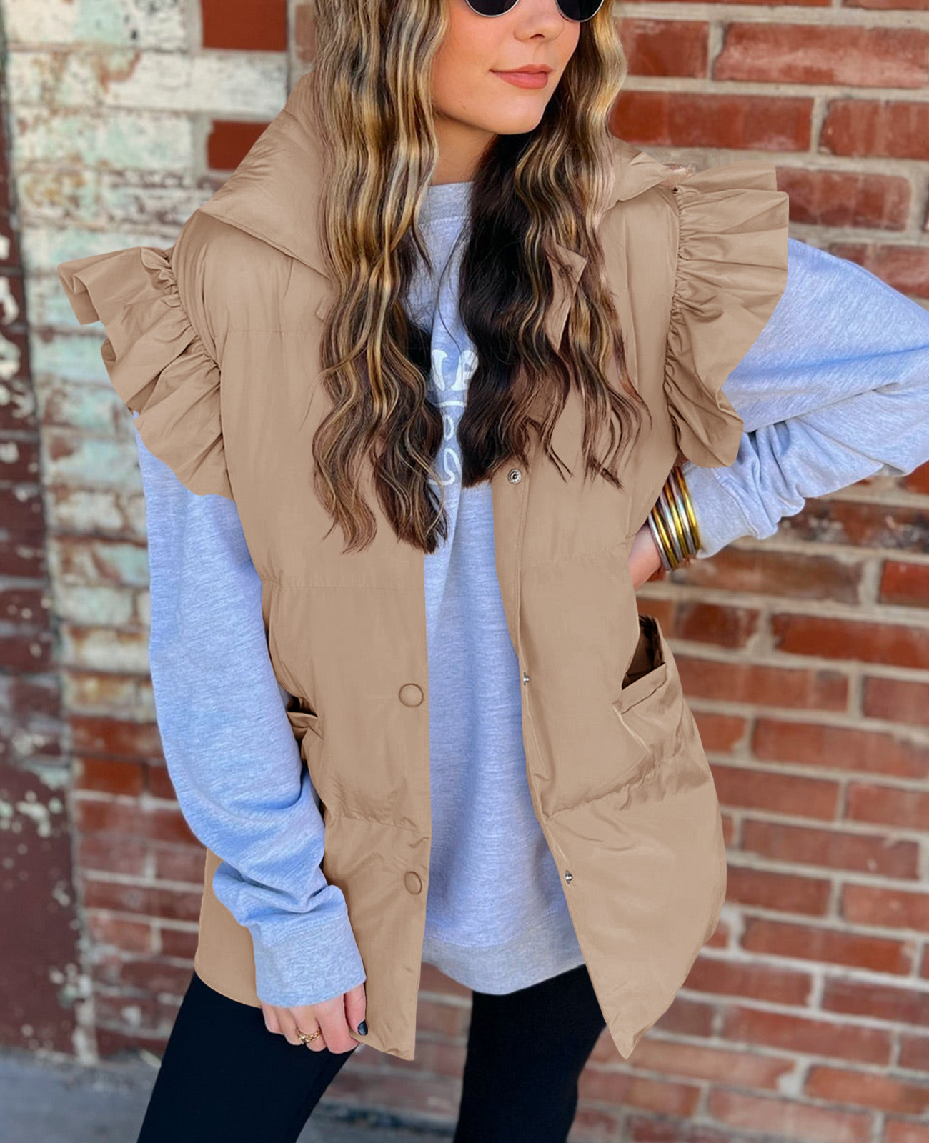 Grenzüberschreitende europäische und amerikanische Herbst- und Winterneuheiten mit lockerer Tasche und Baumwollpolsterung, fliegende Ärmel, elegante Weste, Stehkragen, Mode, Einreiher_voghion.com