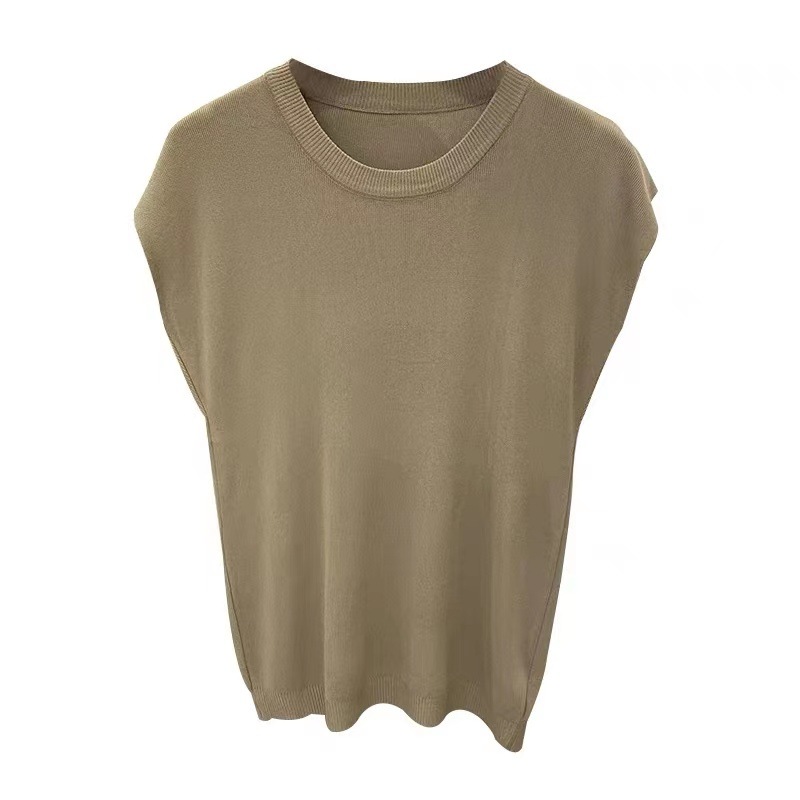 Cross-border thin sleeveless ice silk sweater women's summer loose pullover short sleeve t-shirt round neck temperament inner top