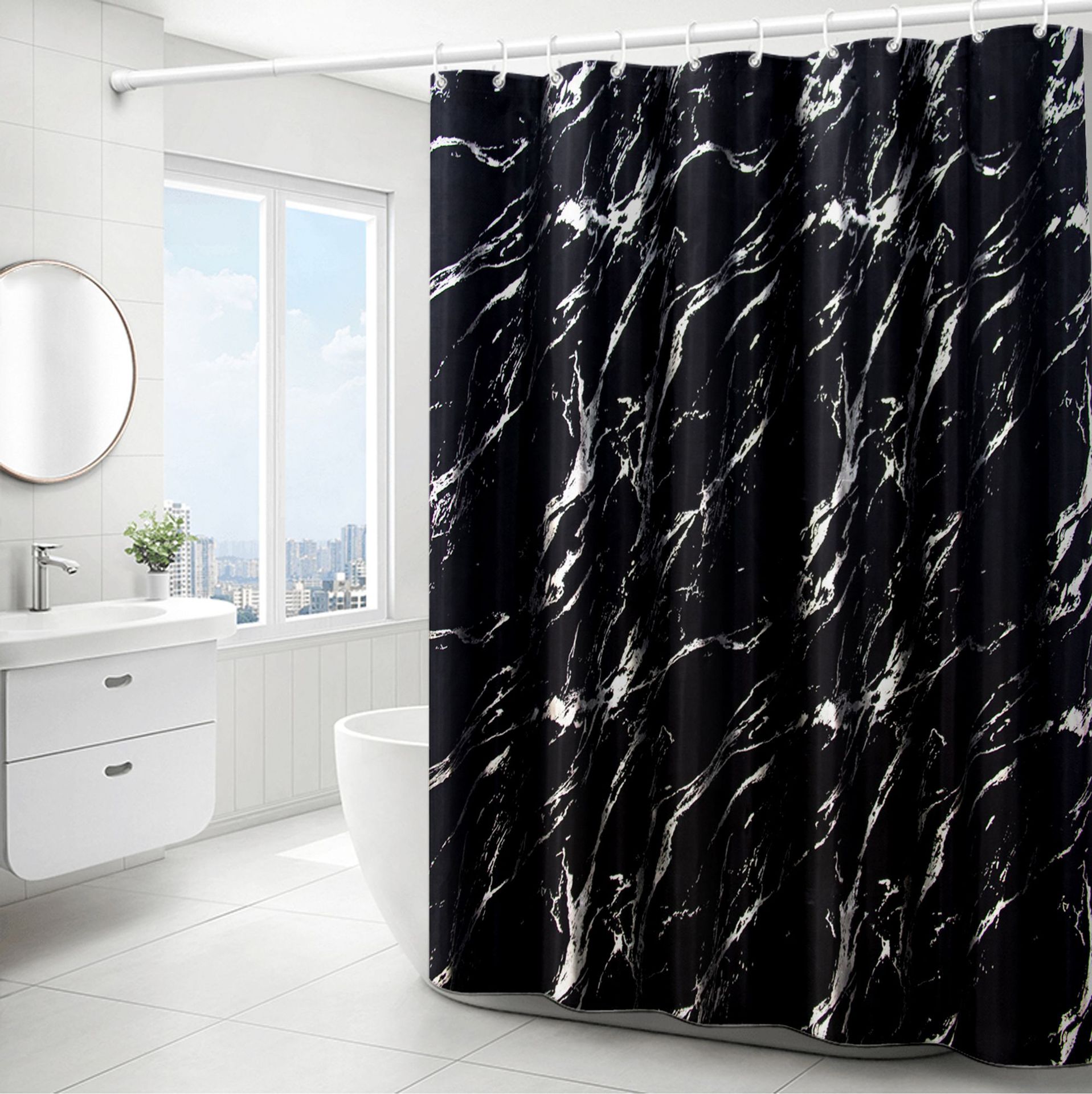 Cross-border Wholesale Simple Light Luxury Hot Stamping Silver Bronzing Marble Pattern Toilet Bathroom Waterproof Shower Curtain Shower Account Partition