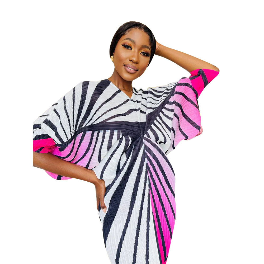 K10263 Independent Station European and American Women's Cross-border Supply 2023 Explosions Plus Color V-Collar Bat Sleeve Printed dress