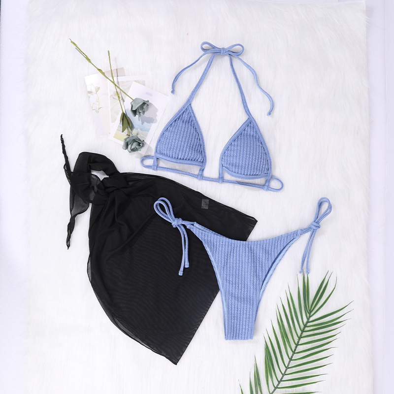 European and American foreign trade bikini knitted lace-up split swimsuit three-piece set with yarn sexy bikini suit