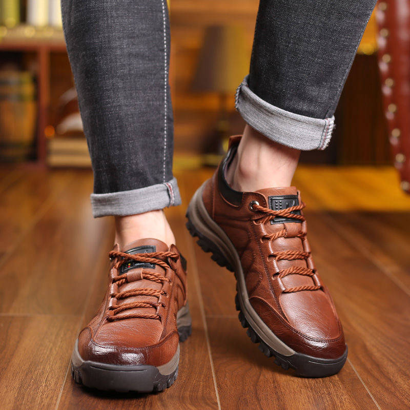 Leather Mountaineering Sneakers 2024 Low-top Lace-up Casual Leather Shoes Outdoor Round Toe Hiking Men's Shoes Thick Sole Tooling Shoes