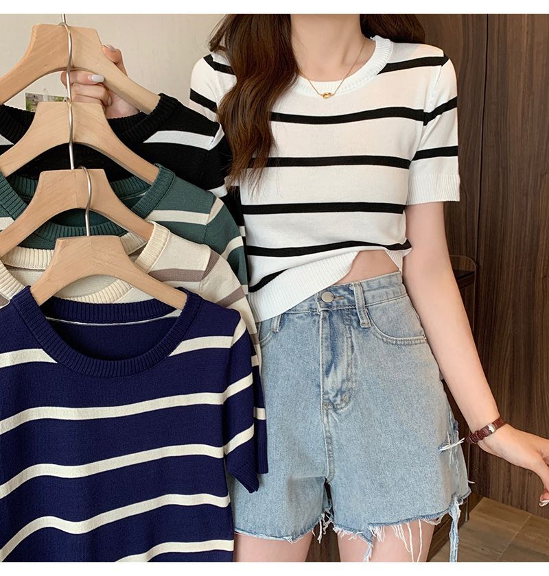 Round neck t-shirt striped summer new contrast color short ice silk retro temperament high waist Internet celebrity super hot short-sleeved top