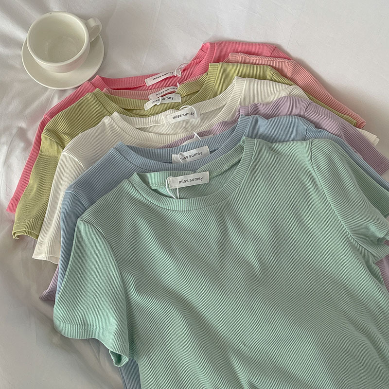 Solid Color Short Sleeve T-Shirt Women's 2023 New Shoulder Slim Unique Short Top Clothes This Year's Popular Matching
