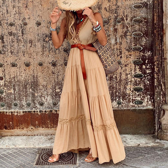 2022 independent station AliExpress new French high waist V-neck stitching temperament long dress dress