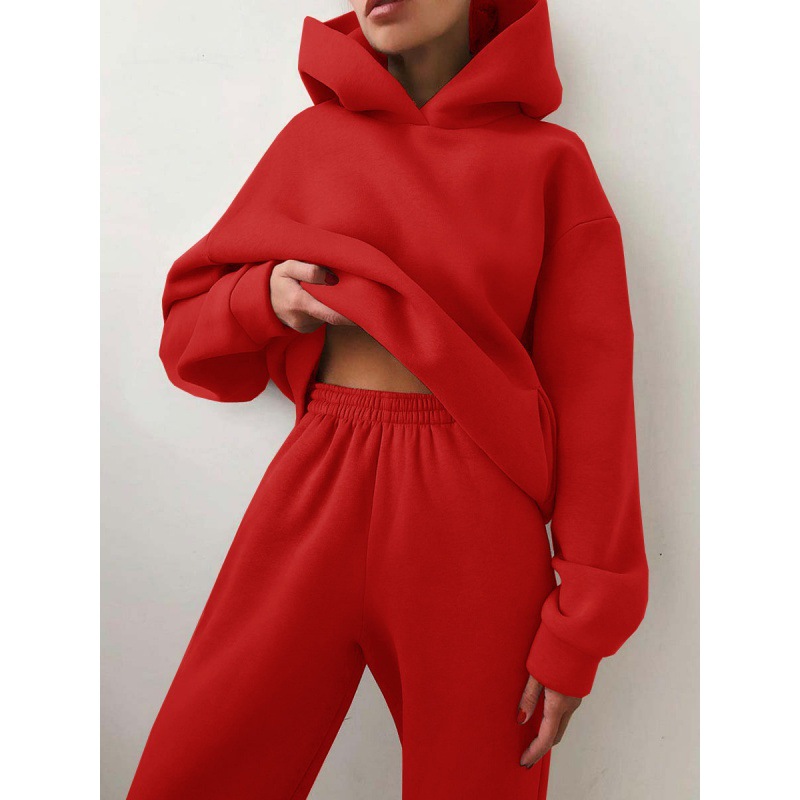 European and American Autumn and Winter Loose Fleece-Lined Thickened Women's Suit Sports Leisure Fashion Solid Color Hooded Sweater Tut Pants Suit