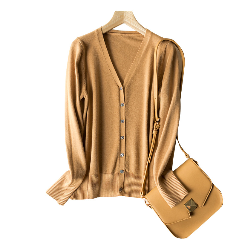 Spring and Autumn Cardigan Sweater Women's V-neck Women's Age-reducing Coat Autumn and Winter Wool Short Outer Long-sleeved Solid Color Sweater