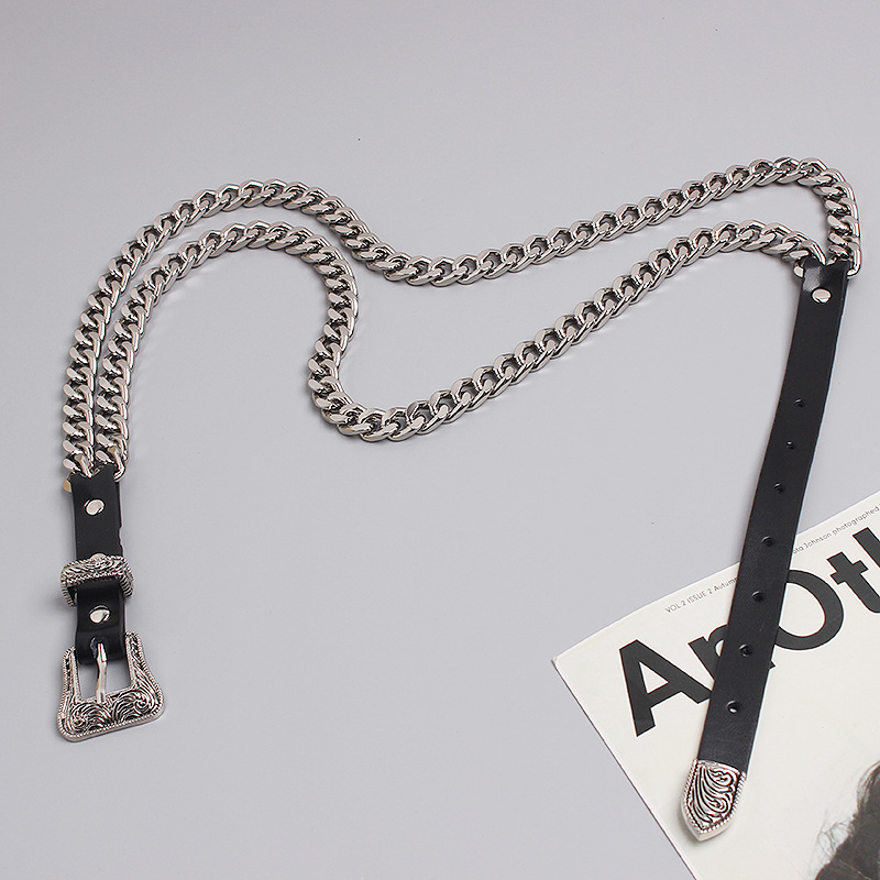 Hong Kong Style Dark Concave Style Fashionable All-match Double-layer Chain Waist Chain Stitching Leather Belt Belt Belt Women's Trendy