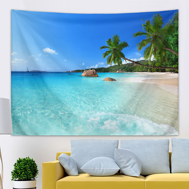 Seaside landscape tapestry Blue Sky coconut tree beach background wall hanging cloth living room bedroom background wall decoration tapestry