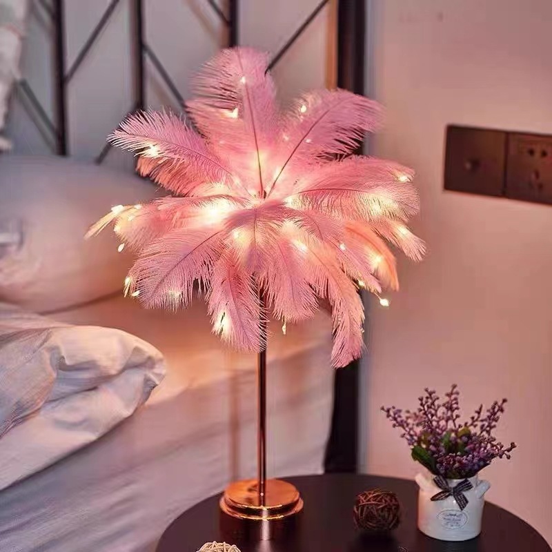 New Feather Table Lamp ins Nordic Pink Cyber Red Background Photo Room Ornaments Gift Decoration Lamp Nightlight