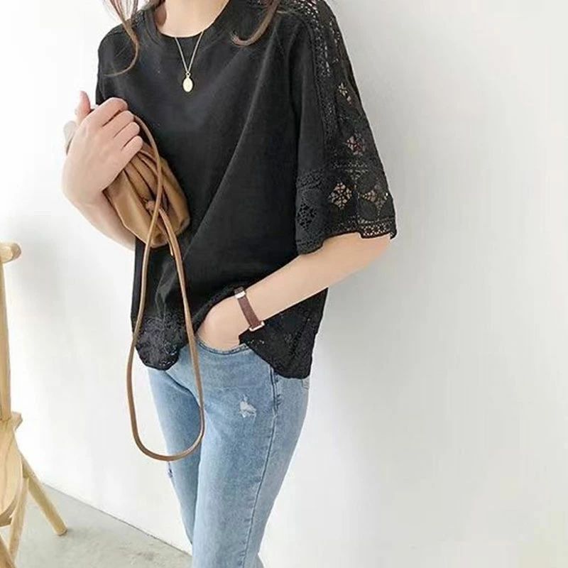 7-color in stock 2024 summer Japanese solid color loose pullover five-sleeve round neck T-shirt jacket women