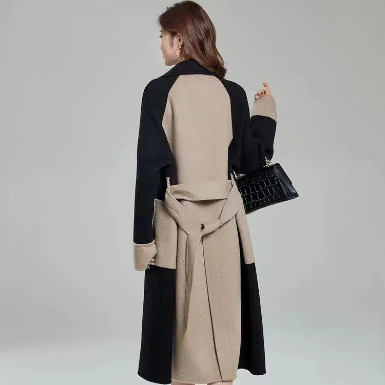 Winter new double-sided velvet wool color matching elegant Hepburn style slimming woolen coat women's long belt coat
