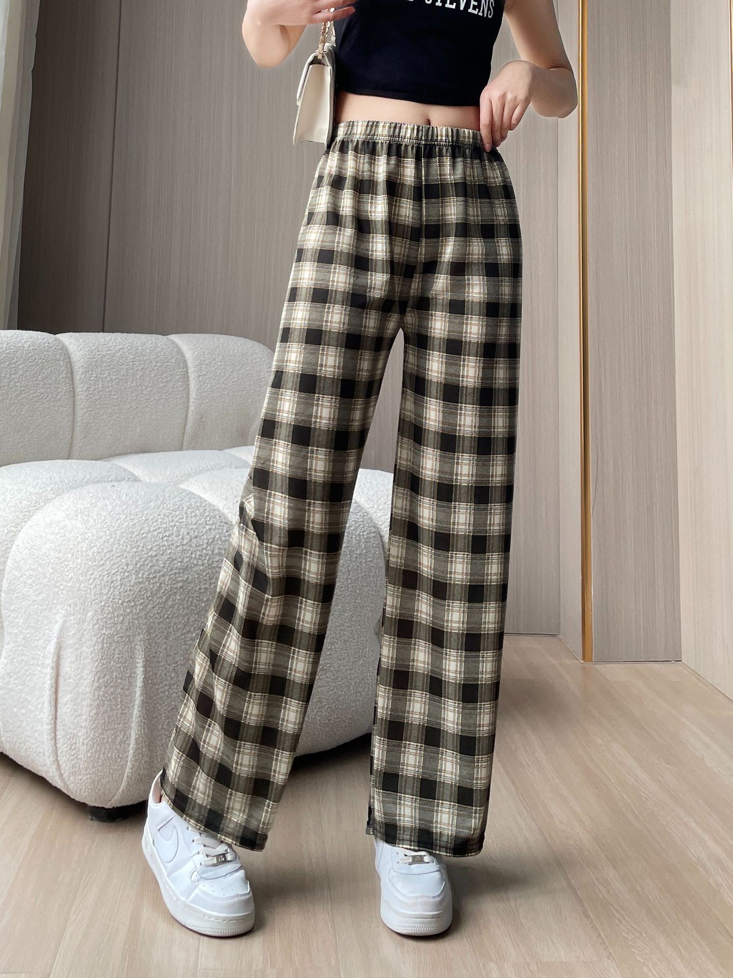 Plaid wide-leg pants spring and summer thin female students plus size versatile draping high waist slim slimming loose straight women's pants