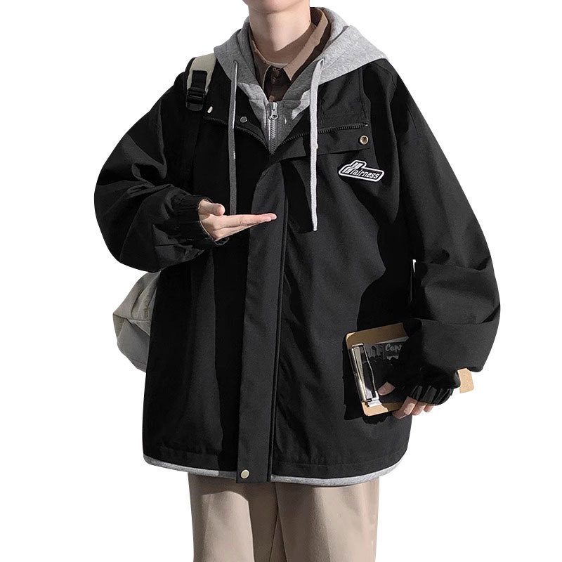 Spring and Autumn Jacket Coat Men's and Women's Trendy Brand Casual Loose Hooded Top American Style Retro Fake Two-piece All-match Charge Clothes