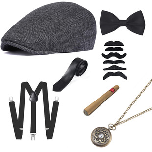 1920s Men's Prom Party Gangster Dress Up Woolen Herringbone Hat Strap Tie Cigar Set
