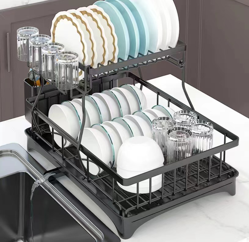 Kitchen double-layer dish drain rack Amazon kitchen dishware rack household sink bowl rack storage rack