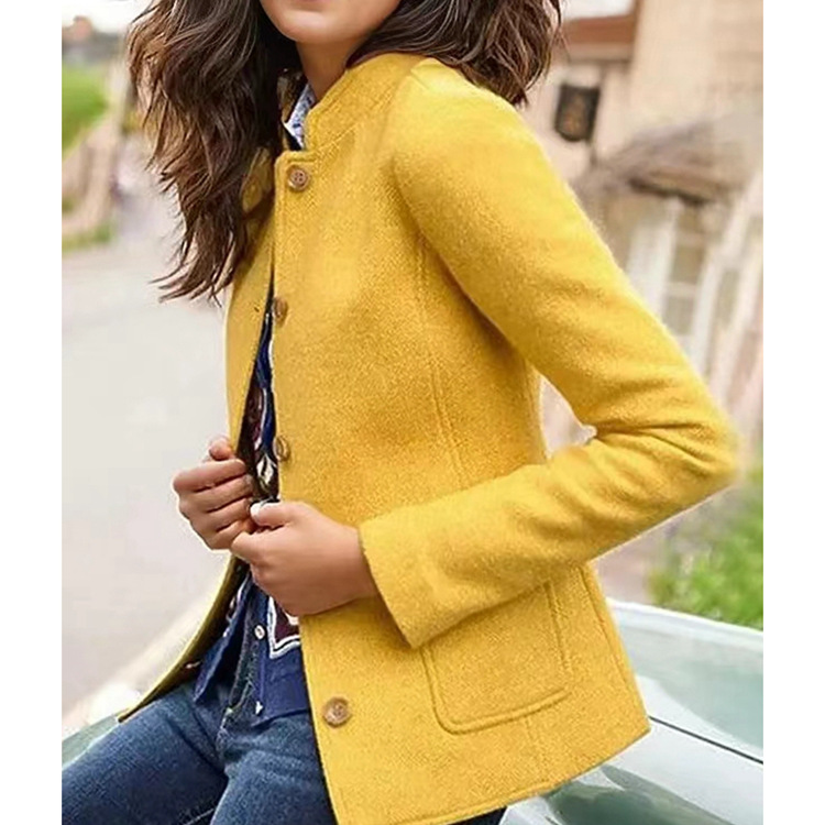 2023 Winter New  eaby independent stand solid color woolen stand collar simple long sleeve breasted short coat_voghion.com