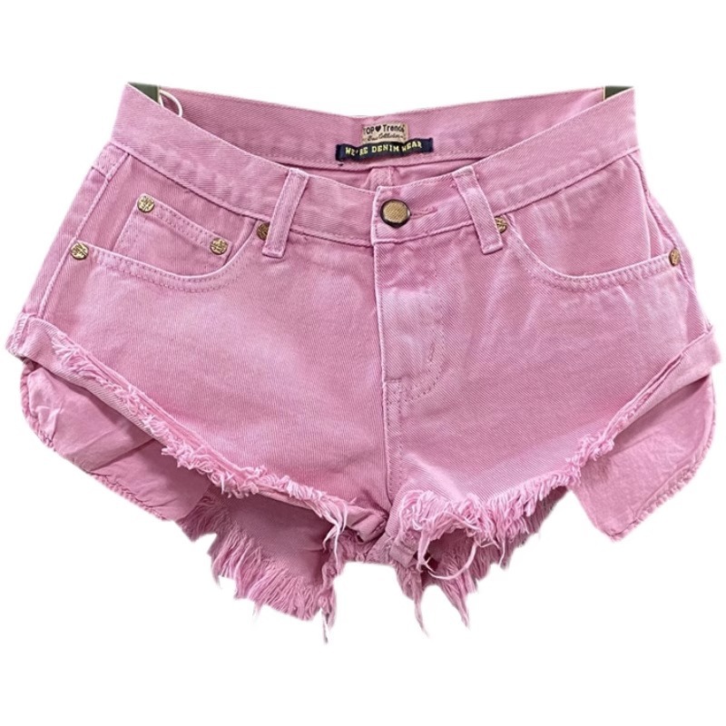 2024 New Women's Clothing Korean Style Distinctive Low Waist Pink Denim Shorts Distinctive Pocket Wide Leg Hot Pants A- line Pants