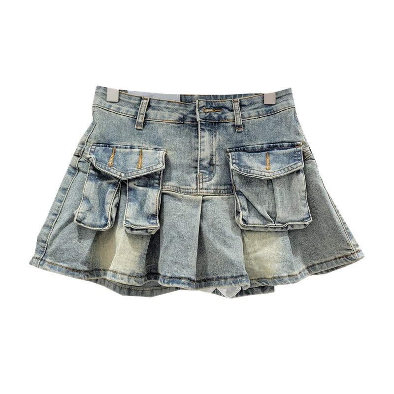 Age-reducing pocket Denim small skirt women's small hot girl pleated skirt retro high waist anti-exposure A- line skirt