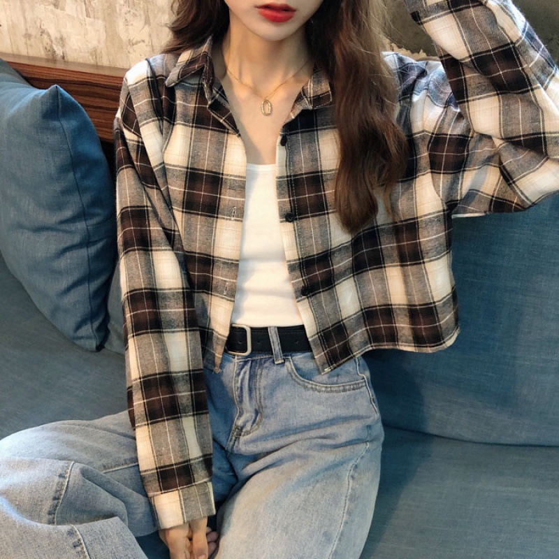 2023 Early Spring Shirt Coat New Women's Design Sense Niche Short Cardigan Hong Kong Style Vintage Plaid Long Sleeve Top