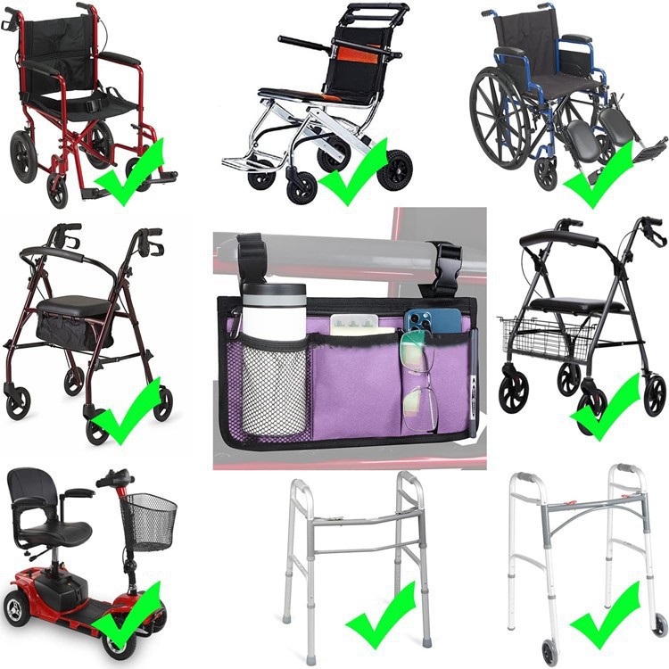 Wheelchair side storage bag with cup holder and reflective stripe armrest bag, suitable for most wheelchair walkers.