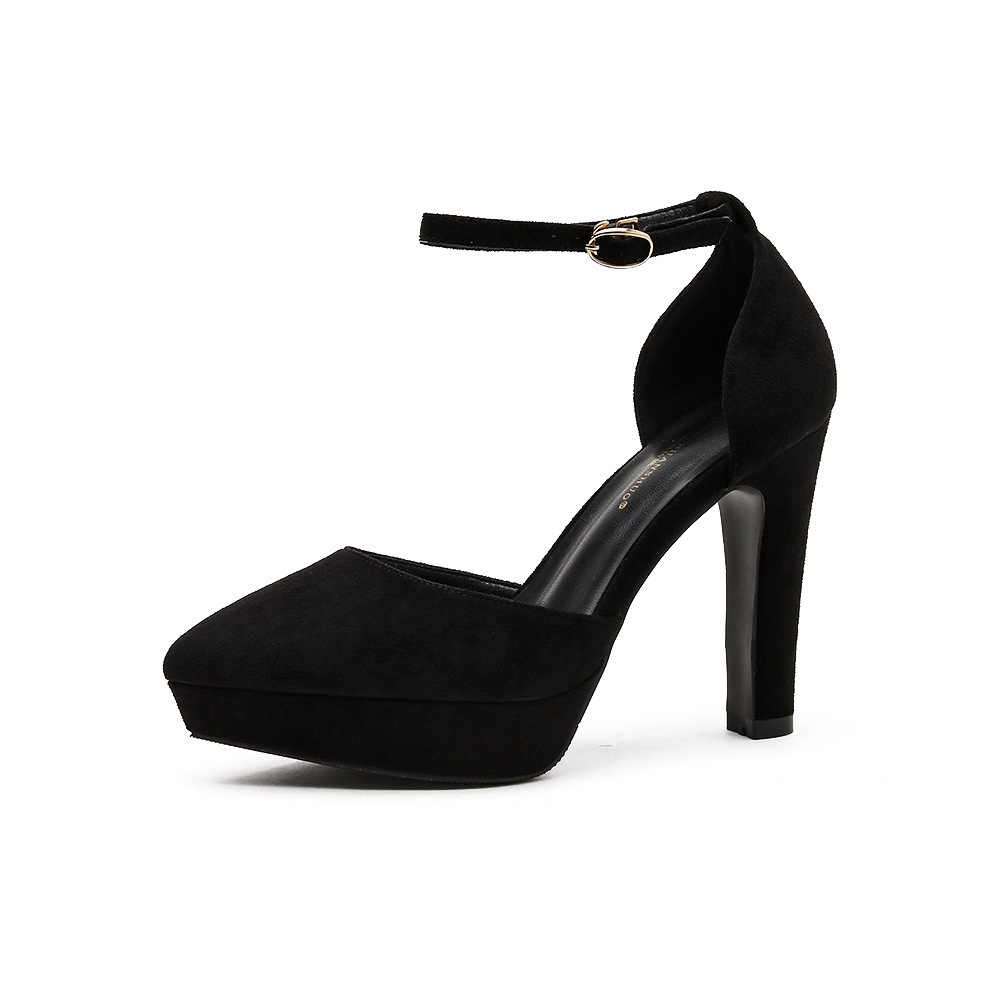 1700-1 Thick Heel Buckle Waterproof Platform Pointed Single Shoes Women's Black Work Shoes Fashion All-match Princess Shoes