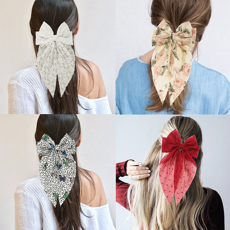 Internet Red Fu Ancient Big Bow Hairpin Back Head Fixed Hair Clip Side Clip Printed Temperament Spring Clip Headwear