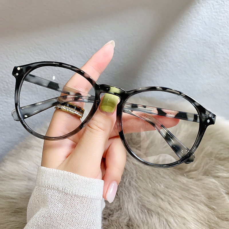 New Korean style women's plain retro large round frame sunglasses anti-blue light flat mirror ultra-light rice nail glasses frame