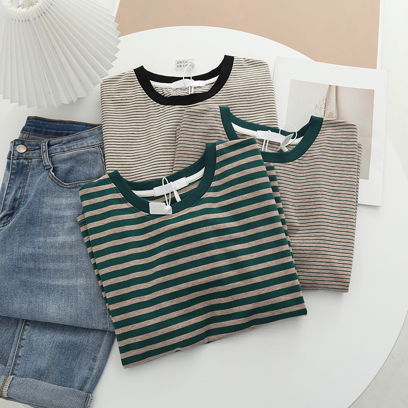 Striped color matching short sleeve T-shirt women's ins trendy women's pure cotton bottoming shirt 2023 Summer loose design sense top wholesale