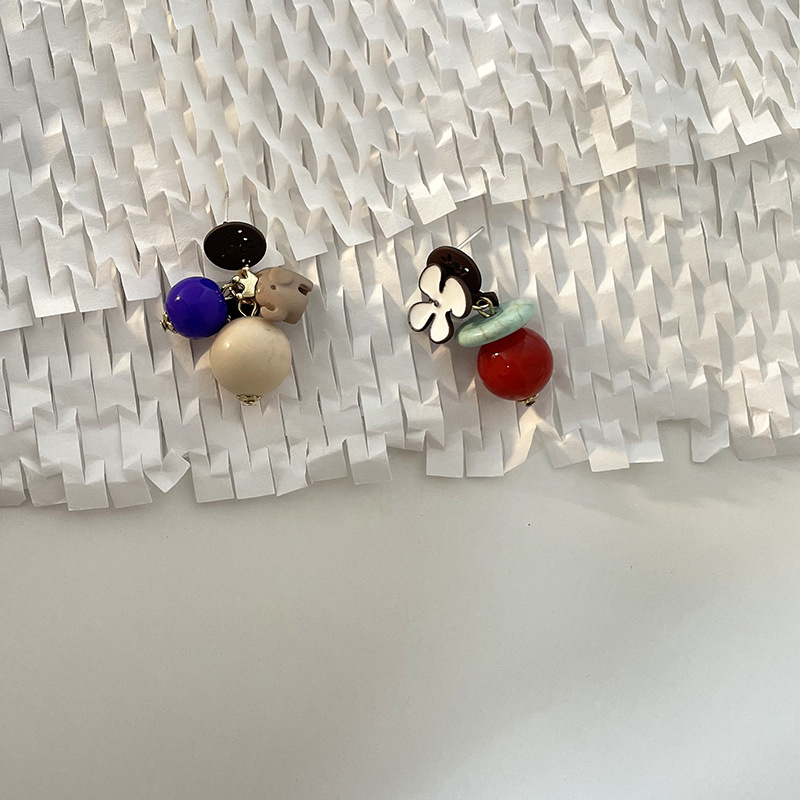 South Korea Dongdaemun Asymmetric Cartoon Elephant Colour Ball Ear Stud Elegant Sweet Irregular Flower Ear Earrings Trendy