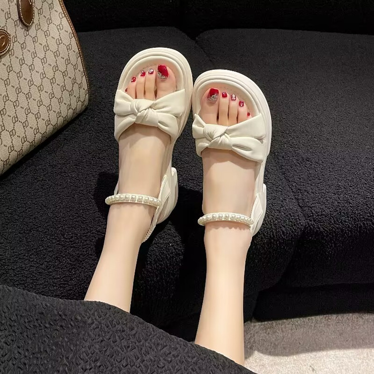 Foreign Trade Thick Bottom Bow Sandals 2023 Summer New Horseshoe Heel Pearl Fairy Style Sandals Outer Wear Single-layer Shoes for Women