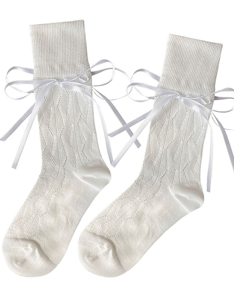 Ballet Style White Mary Jane Socks Women's Spring and Summer Sweet Bow Ribbon Mid-tube Socks Breathable All-match Japanese JK