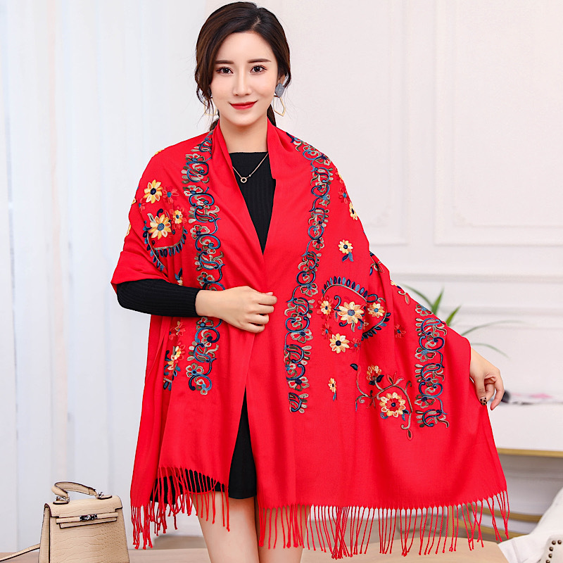Autumn and Winter Explosions Flower Embroidered Cashmere Scarf Women's Ethnic Style Embroidered Shawl Thickened Warm Tassel Scarf for Women