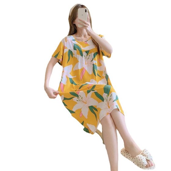 Cotton Silk Nightgown Women's Summer Thin Short-sleeved Cartoon Printed Pajamas Internet Celebrating Live Explosions plus size Spring and Autumn Home Clothes