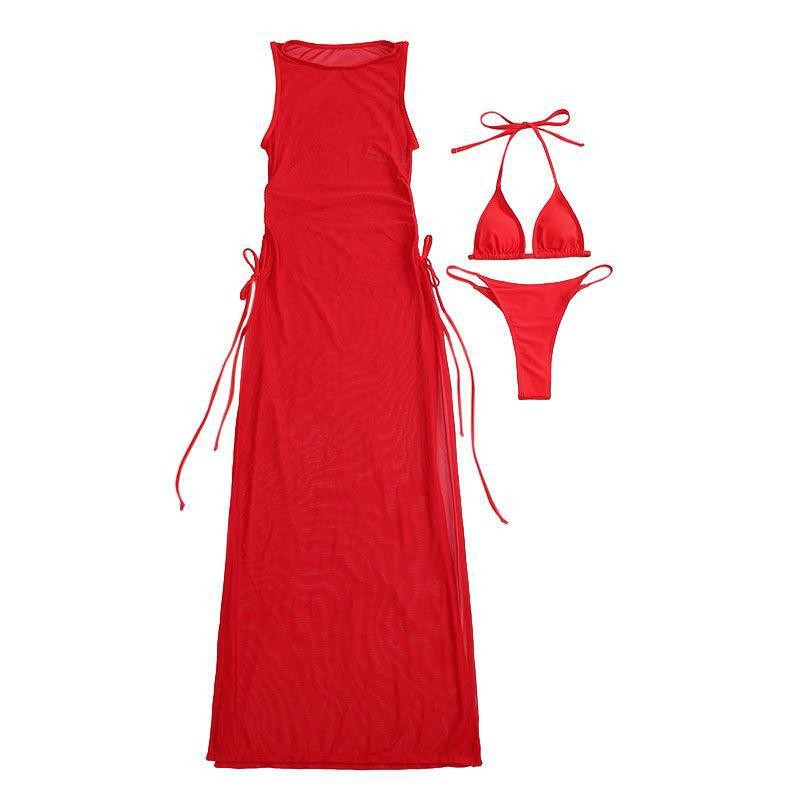 Amazon New European and American Solid Color Bikini Blouse Beach Dress Three-piece Swimsuit Women's High-end Hot Spring Swimsuit