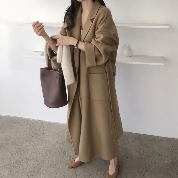 South Korea Dongdaemun 2023 autumn and winter New lace-up cashmere coat Women's Mid-length loose over-the-knee woolen coat_voghion.com